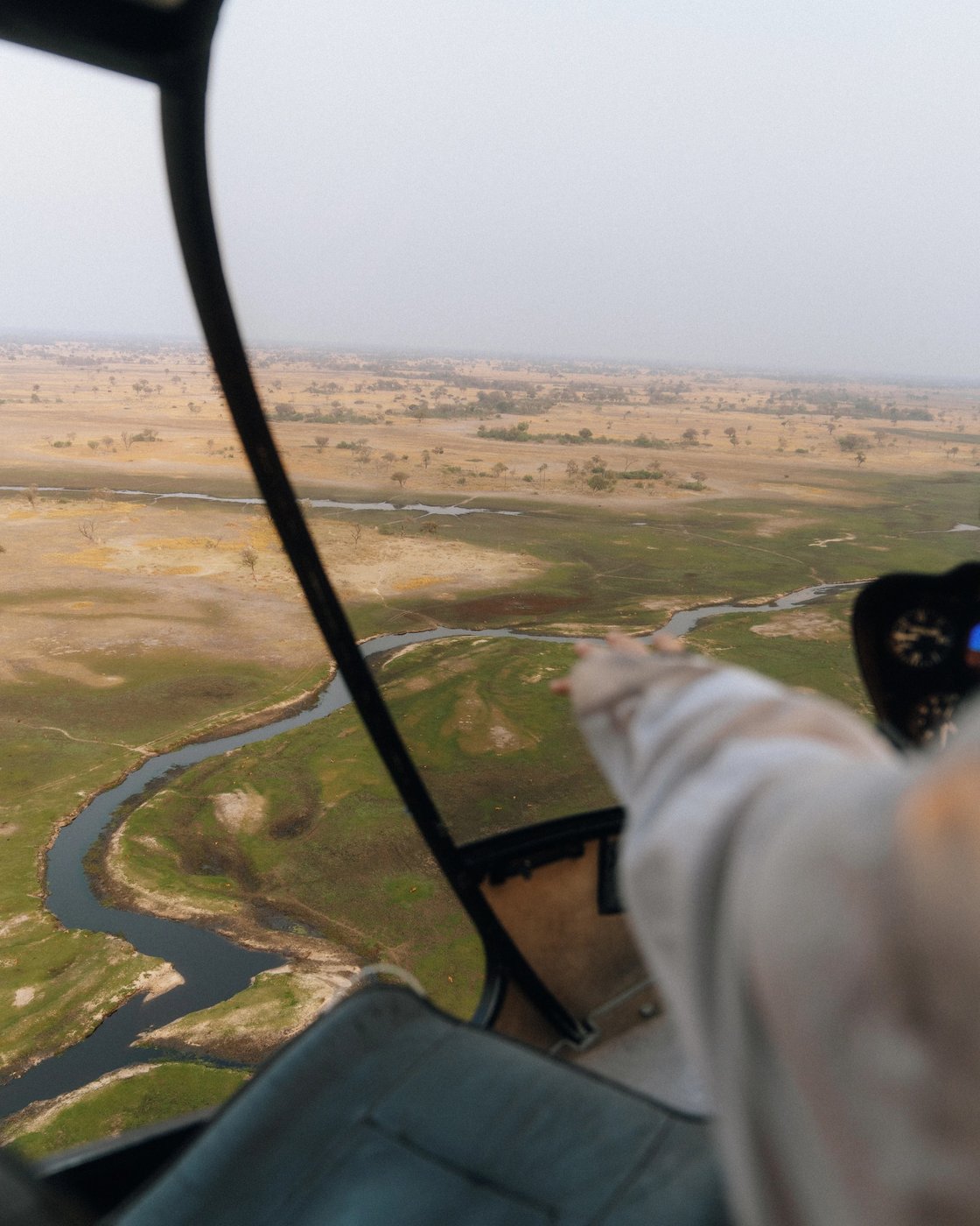 Aerial view over a winding river near Belmond Savute Elephant Lodge