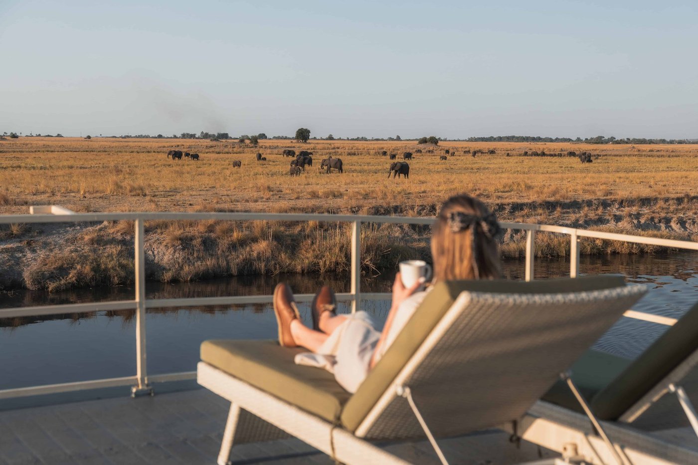Guest relaxing on a deck lounger as elephants graze the floodplain at Chobe Princess