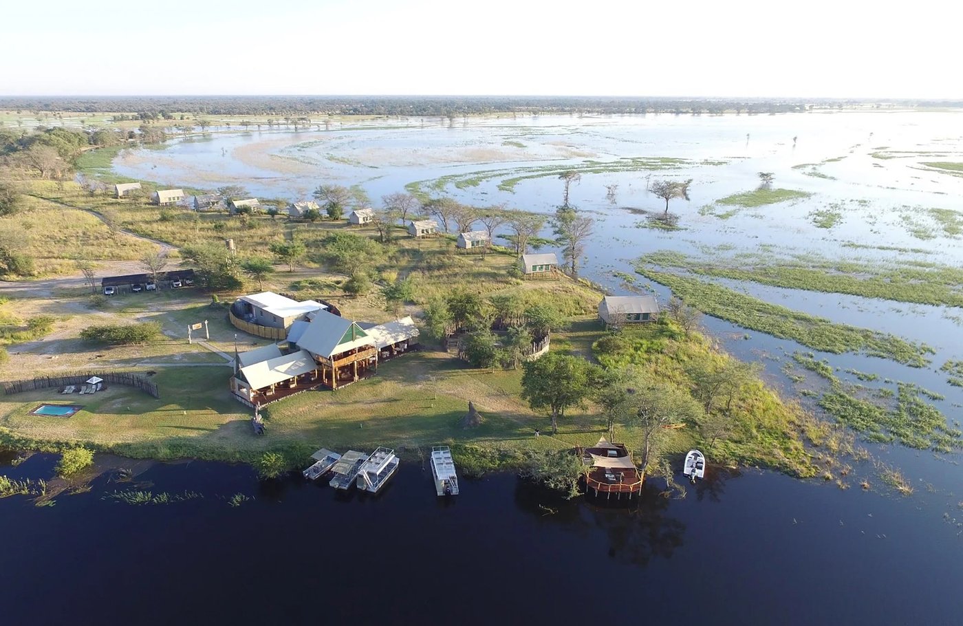 Aerial view of the camp on floodplain islands at Chobe River Camp, Chobe