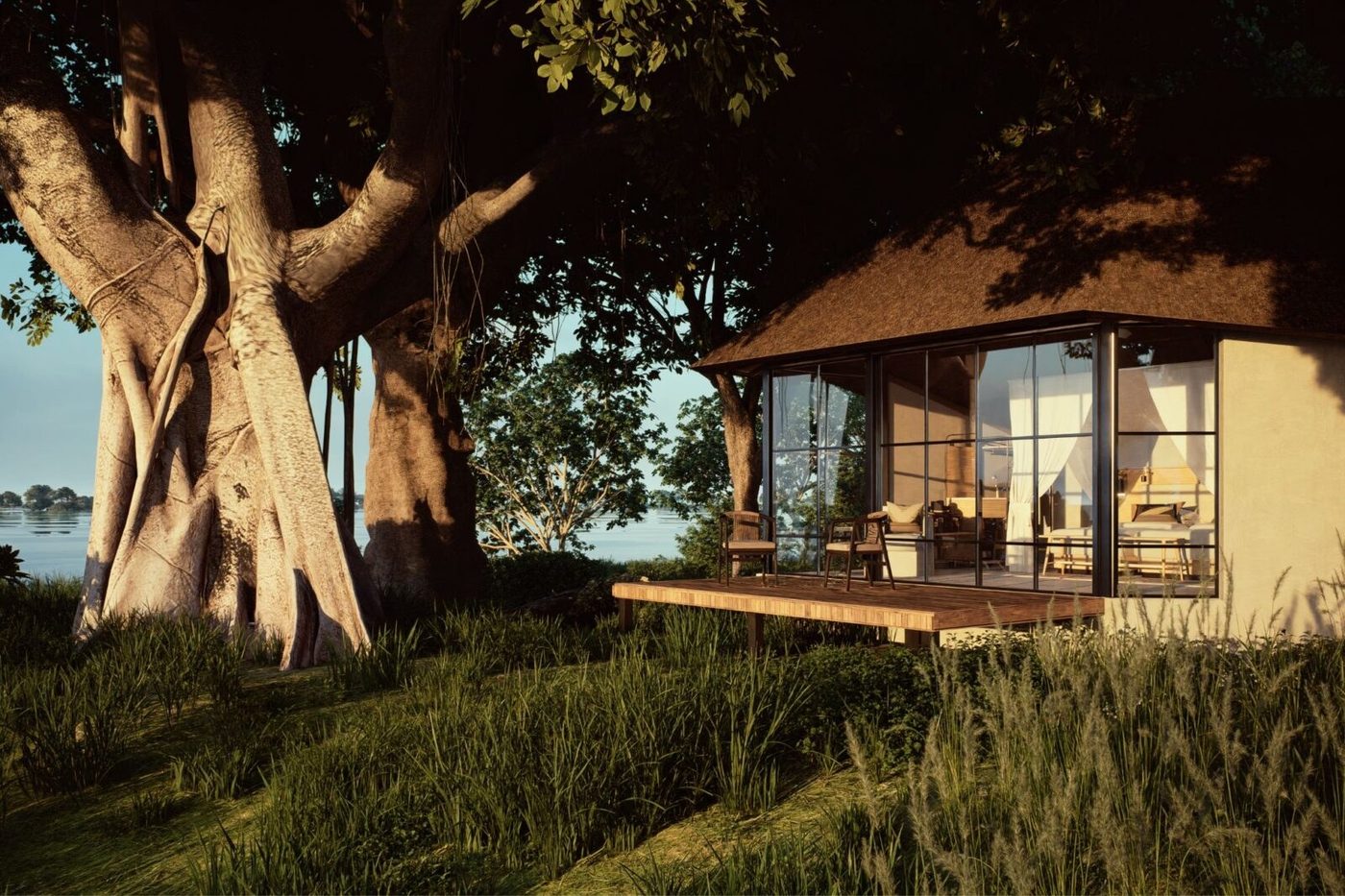 Thatched chalet nestled among baobab trees at Chobe Savanna Lodge