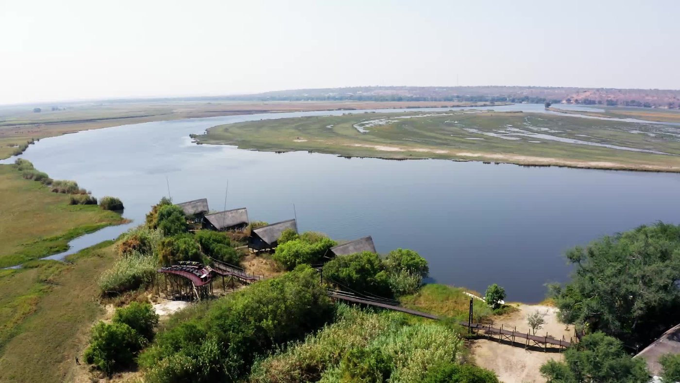 Aerial view of Chobe Water Villas on a bend in the river, Chobe