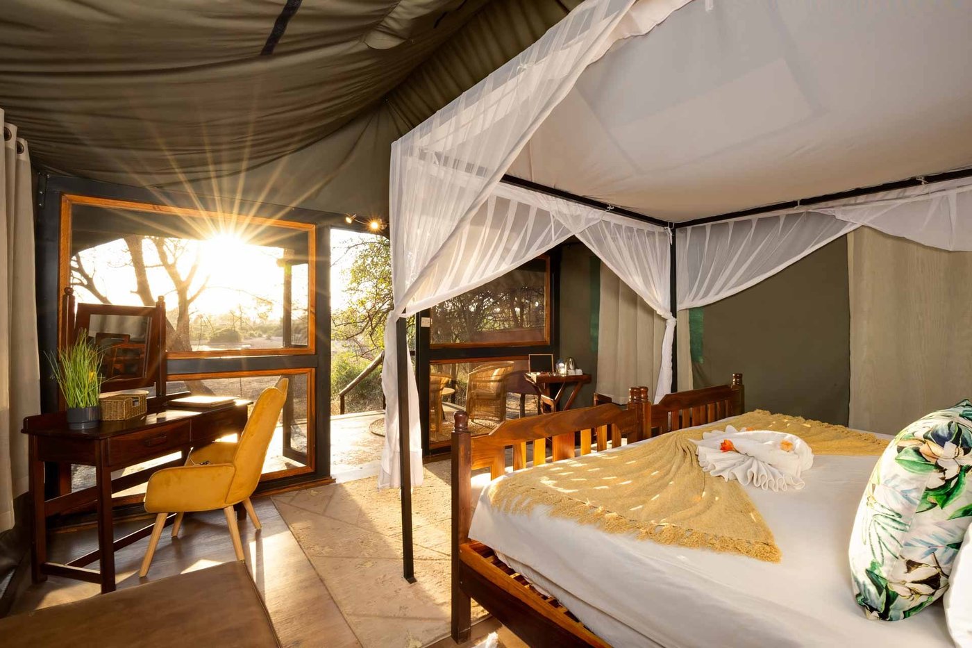 Bedroom with canopy drapes and morning sunlight at Elephant Valley Lodge