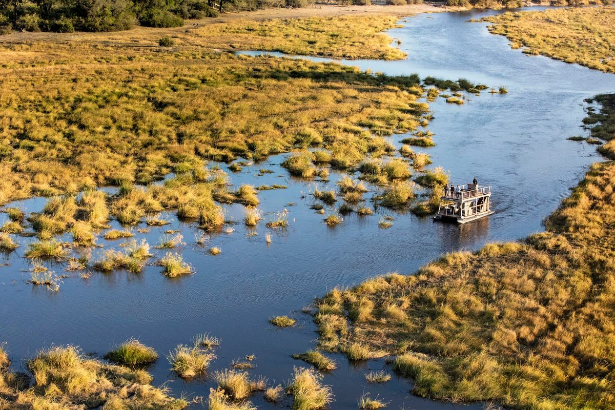Aerial view of a winding river channel near King's Pool Camp