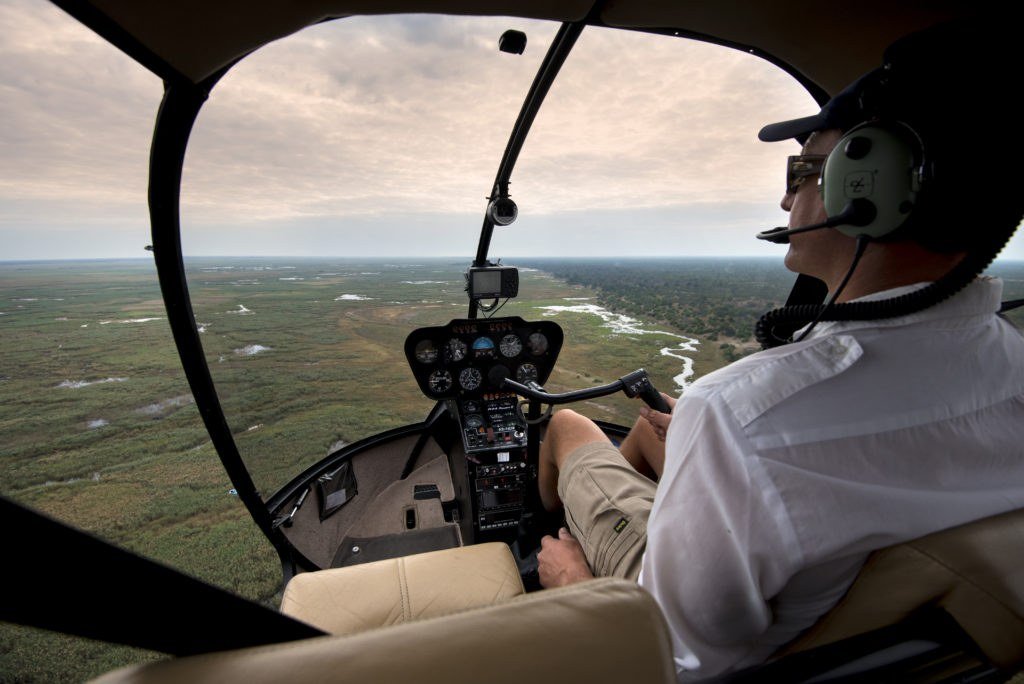 Aerial view from a helicopter over wetland channels near Linyanti Expeditions