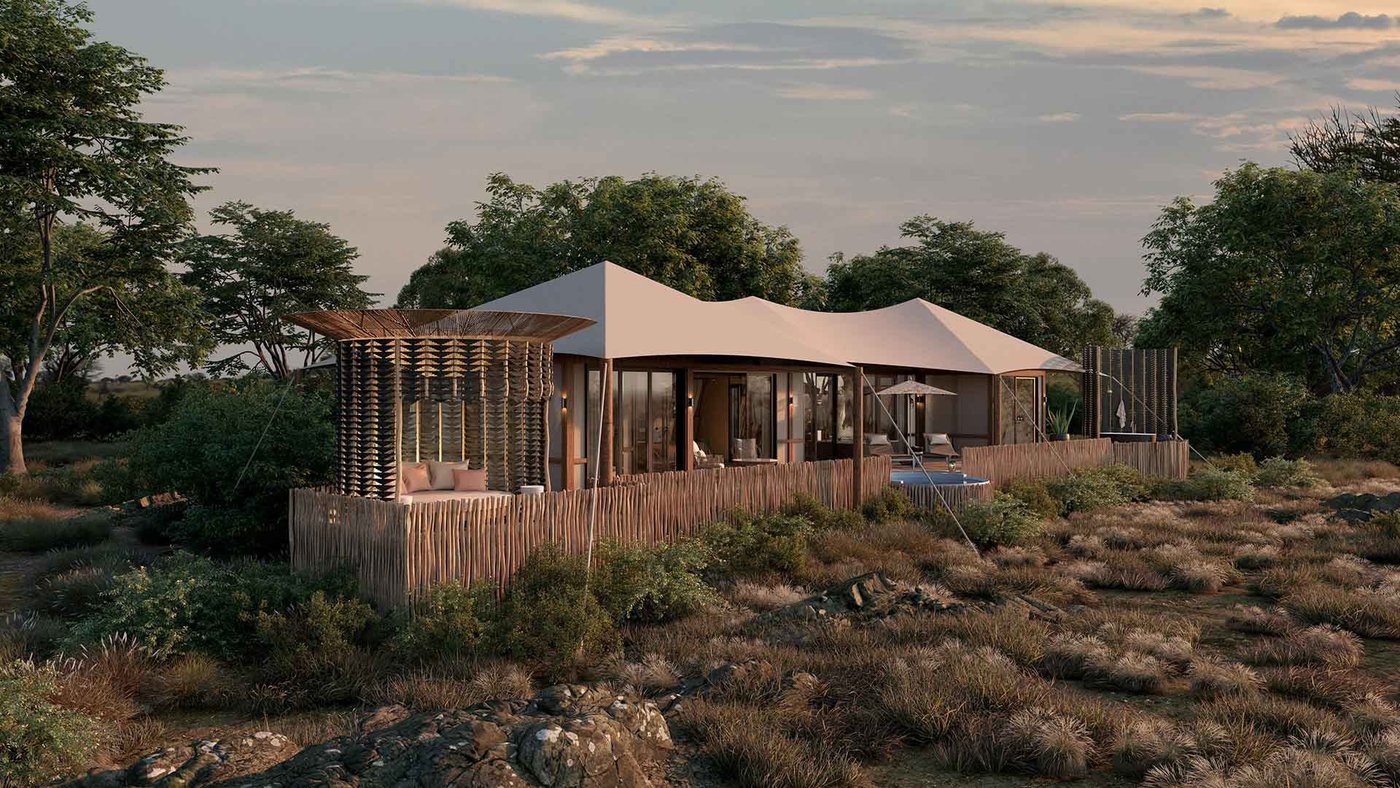 Tented suite rising among bushveld scrub at Linyanti Legodimo, Chobe
