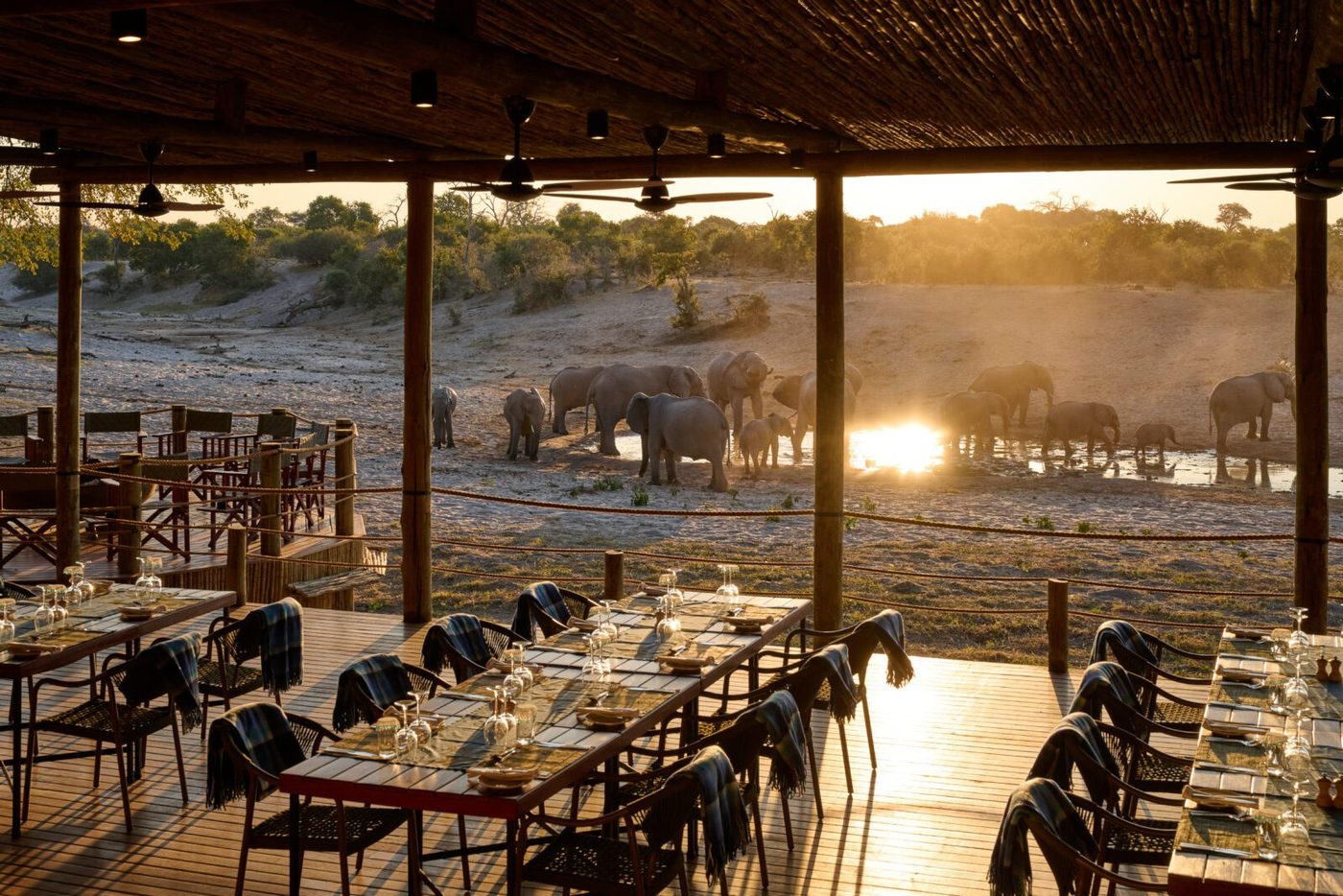 Dining deck overlooking a dusty waterhole with elephants at dusk at Savute Safari Lodge, Chobe