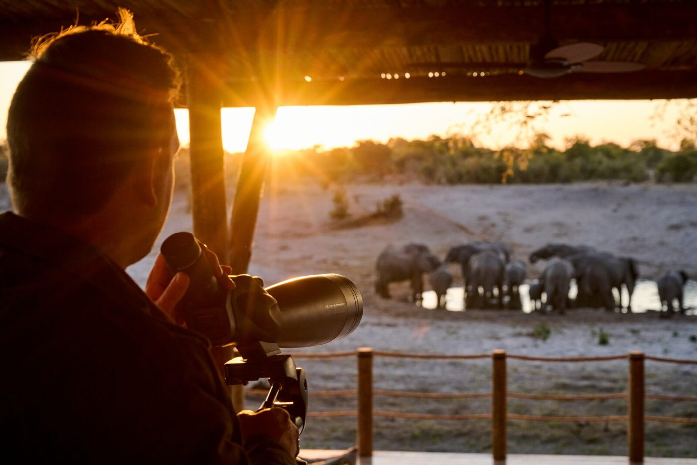 Guest photographing elephants from the deck at golden hour at Savute Safari Lodge