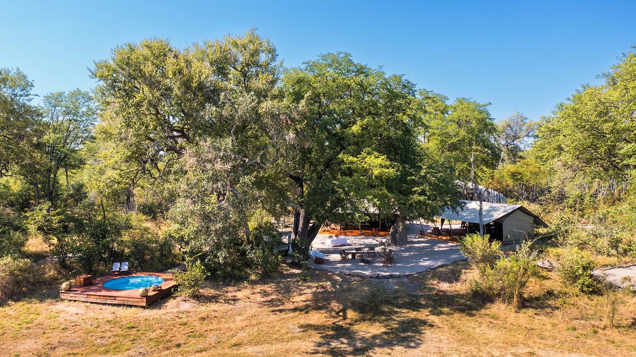 Aerial view of the tented camp among trees at Selinda Explorers Camp, Chobe