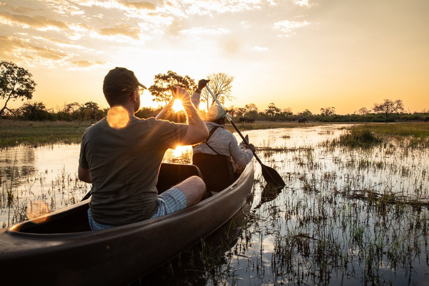 Guide poling a mokoro canoe at sunset near Selinda Explorers Camp