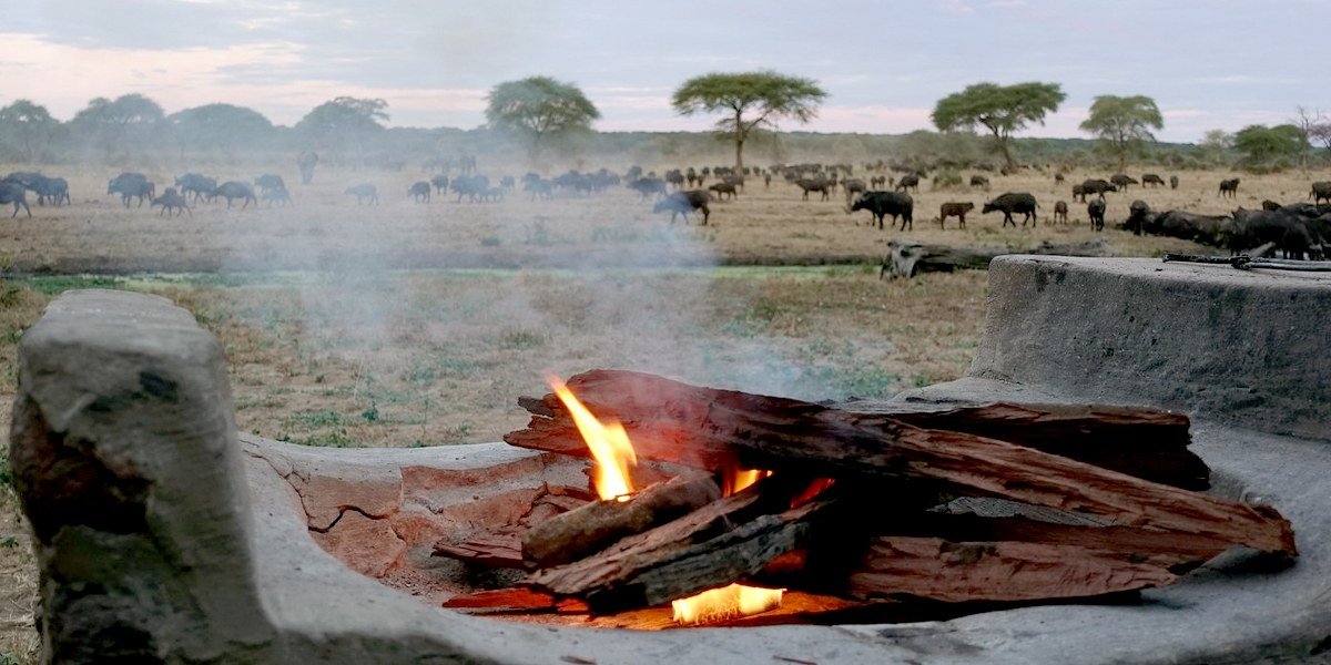 Stone fire pit with buffalo visible at the waterhole at dusk at Senyati Safari Camp, Chobe