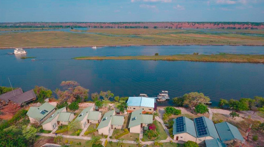 Aerial view of the lodge beside the river at Zovu Elephant Lodge, Chobe